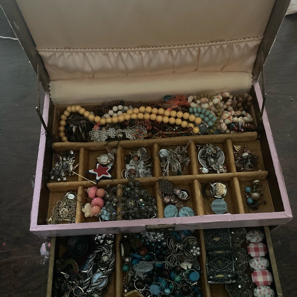 Assorted Jewelry Collection in old Pink jewelry Box